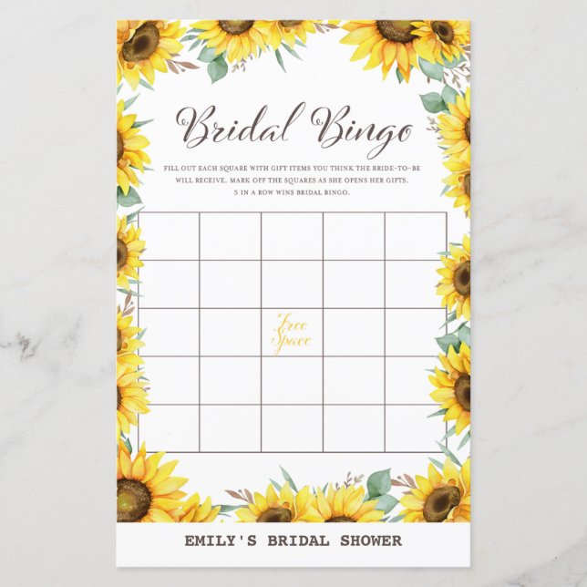Spring Sunflower Bridal Shower Game PRINTED (Front)