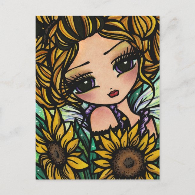 Spring Sunflower Bumblebee Fairy Fantasy Art Girl Postcard (Front)