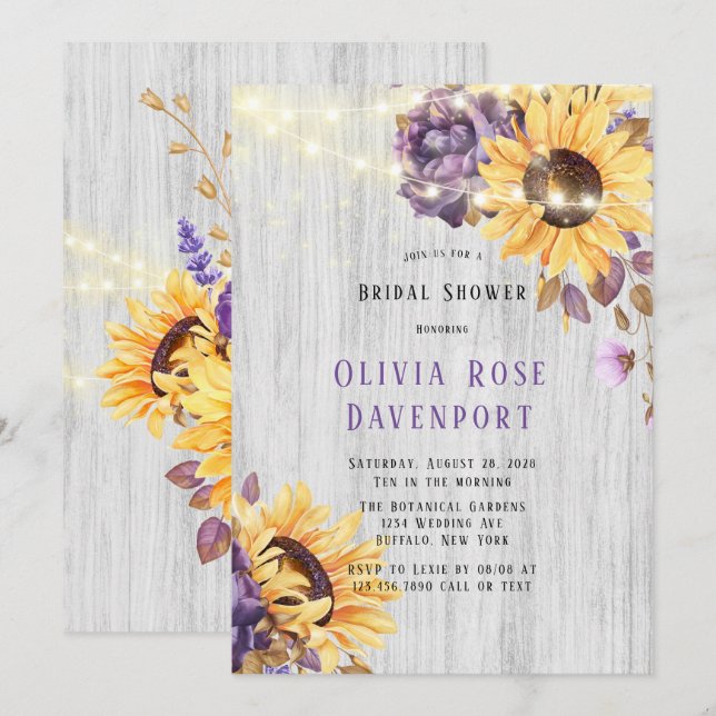 Spring Sunflower Purple Peony Bridal Shower Invitation (Front/Back)