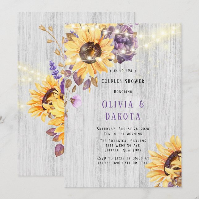 Spring Sunflower Purple Peony Couples Shower Invitation (Front/Back)