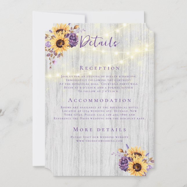 Spring Sunflower Purple Peony Wedding Details Invitation (Front)
