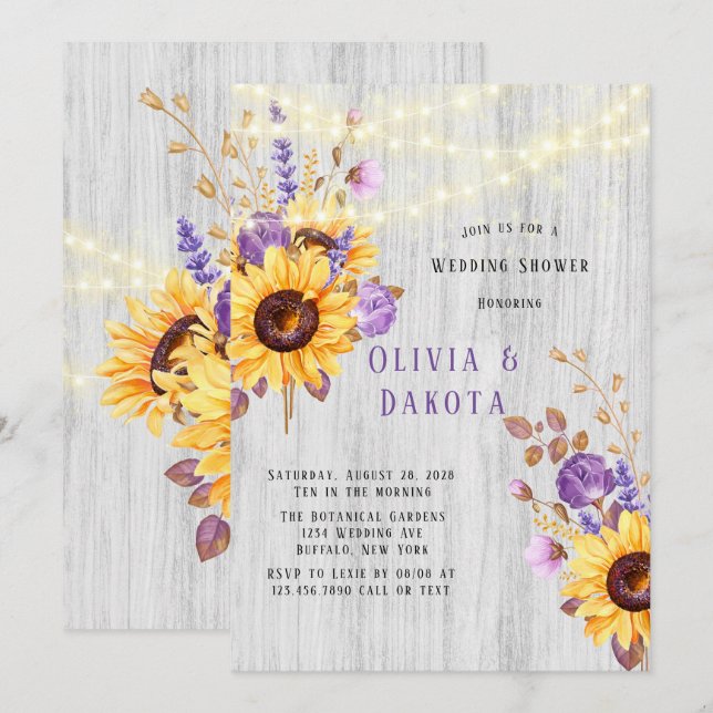 Spring Sunflower Purple Peony Wedding Shower Invitation (Front/Back)