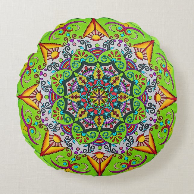 Spring Sunrise Flower Mandala Round Cushion (Front)