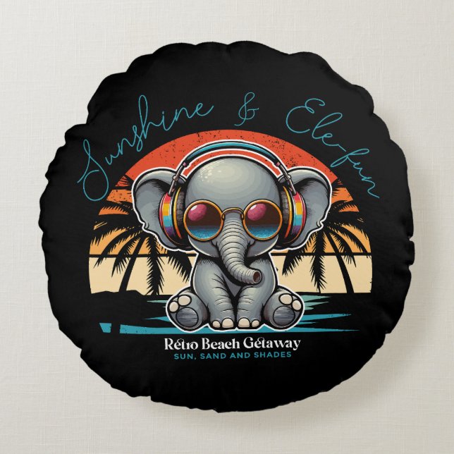 Spring Sunshine and Ele-fun Retro Beach Getaway Round Cushion (Front)