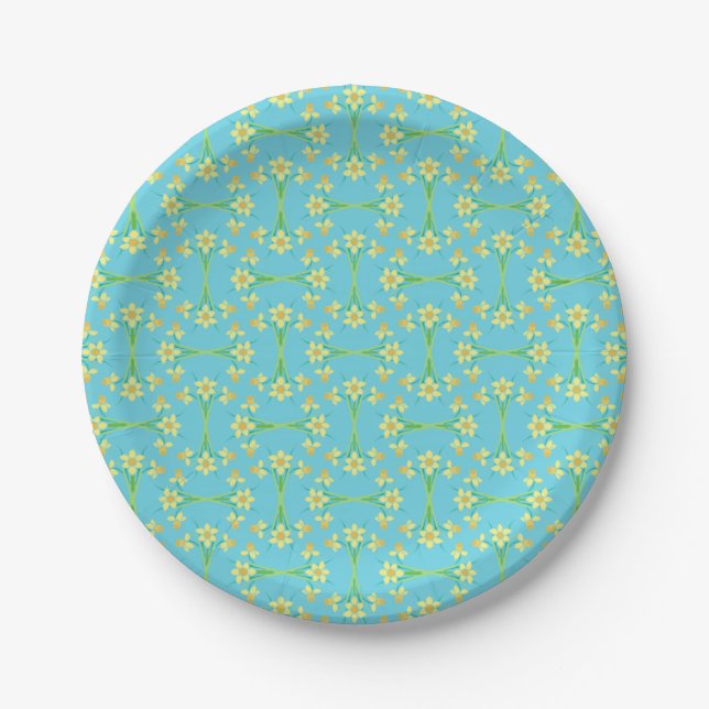Spring Sunshine Daffodils Sky Blue Paper Plate (Front)