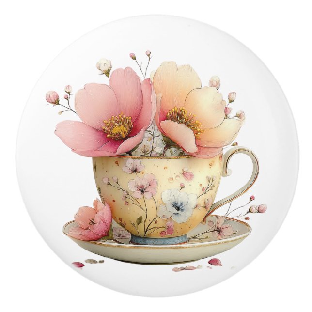 Spring Tea Cup of Tulips Ceramic Knob (Front)
