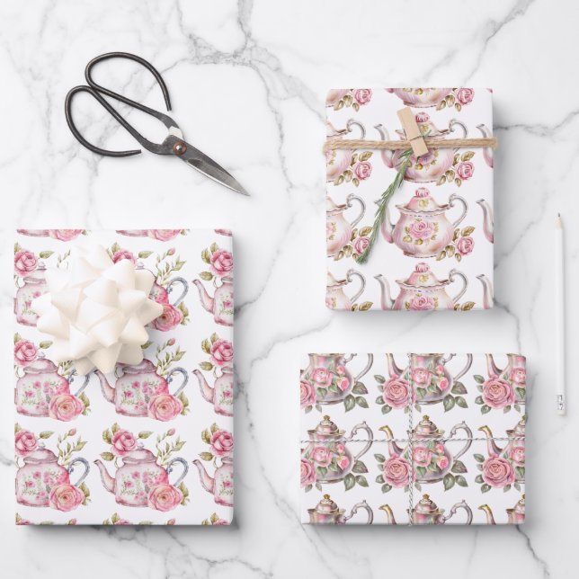 Spring Tea Party Pink Teapots and Roses Wrapping Paper Sheet (Front)