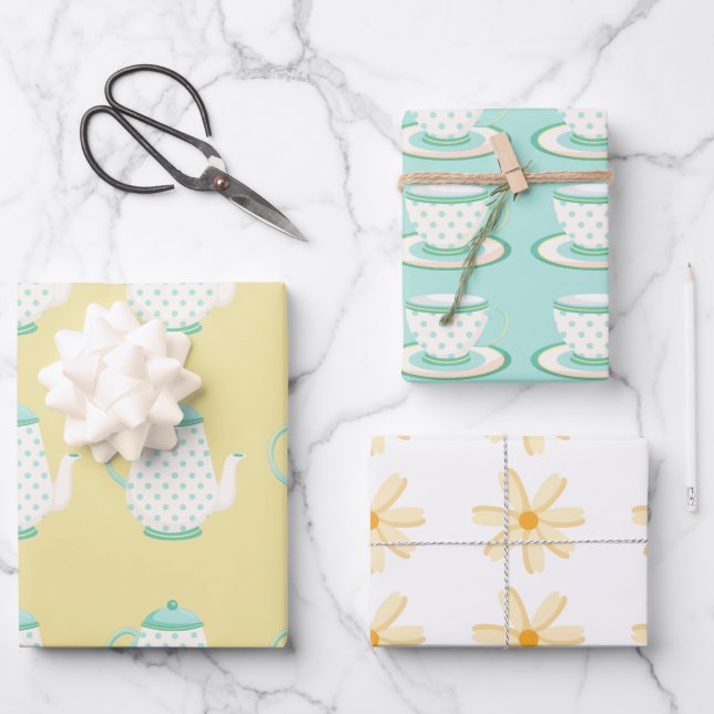 Spring Tea Party Turquoise and Yellow Wrapping Paper Sheet (Front)