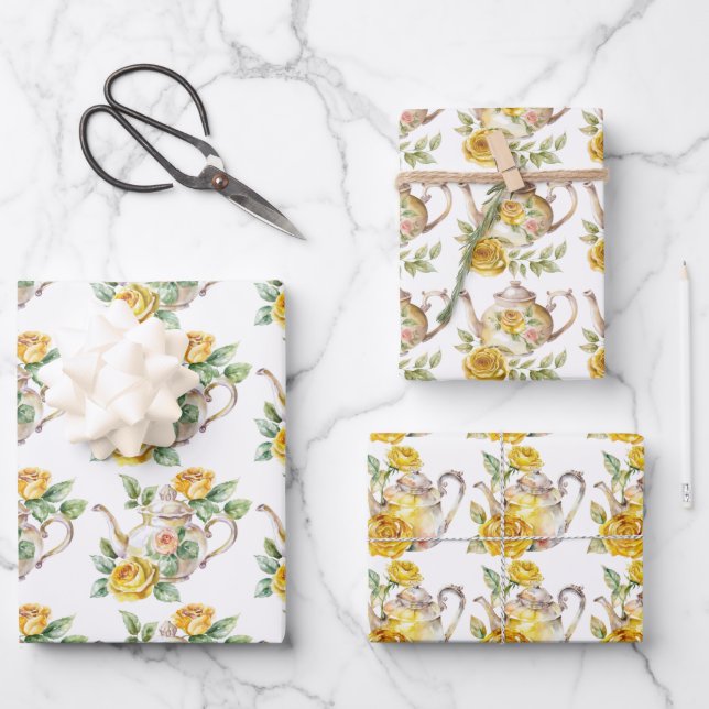 Spring Tea Party Yellow Teapots and Roses Wrapping Paper Sheet (Front)