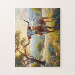 Spring Texas longhorn cow Jigsaw Puzzle