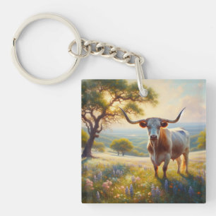 Spring Texas longhorn cow Key Ring