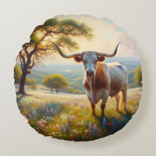 Spring Texas longhorn cow Round Cushion