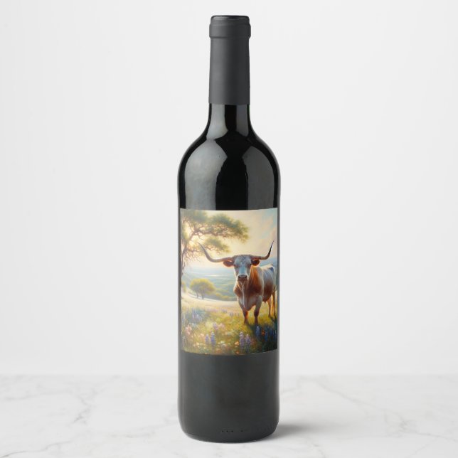 Spring Texas longhorn cow  Wine Label (Front)