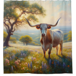 Spring Texas longhorn in a field Shower Curtain