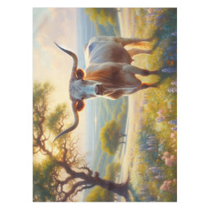 Spring Texas longhorn in a field Tablecloth
