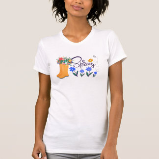 Spring Themed Orange Rain Boots Blossoms Flowers  T-Shirt