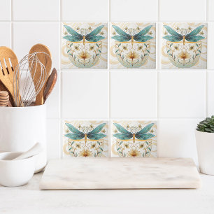 Spring Themed Whimsical Blue and Gold Dragonfly  Tile