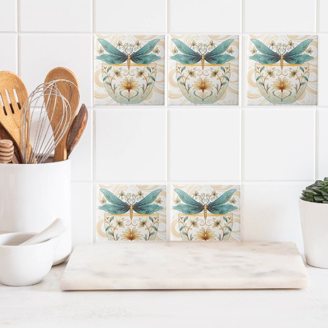 Spring Themed Whimsical Blue and Gold Dragonfly  Tile (Aqua dragonfly and gold swirls ceramic tile for spring kitchen updates )
