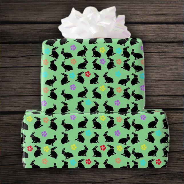 Spring Time black Sitting Rabbit Colourful Flowers Wrapping Paper (Black silhouette sitting rabbits, colourful flowers on green birthday or Easter gift wrapping roll.)
