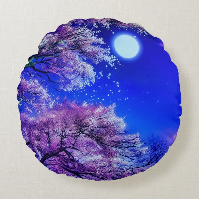 Spring tree, moon, blue sky.       round cushion (Front)