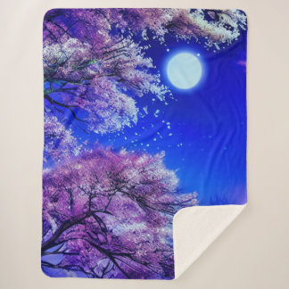 Spring tree, moon, blue sky. sherpa blanket