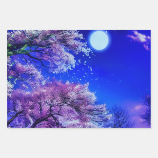 Spring tree, moon, blue sky. Wrapping Paper Sheet