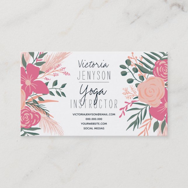 Spring tropical floral photo yoga instructor business card (Front)
