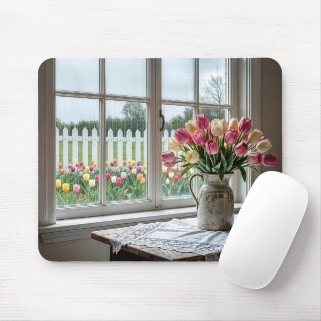 Spring Tulip Bouquet by Rainy Window Mouse Mat (With Mouse)