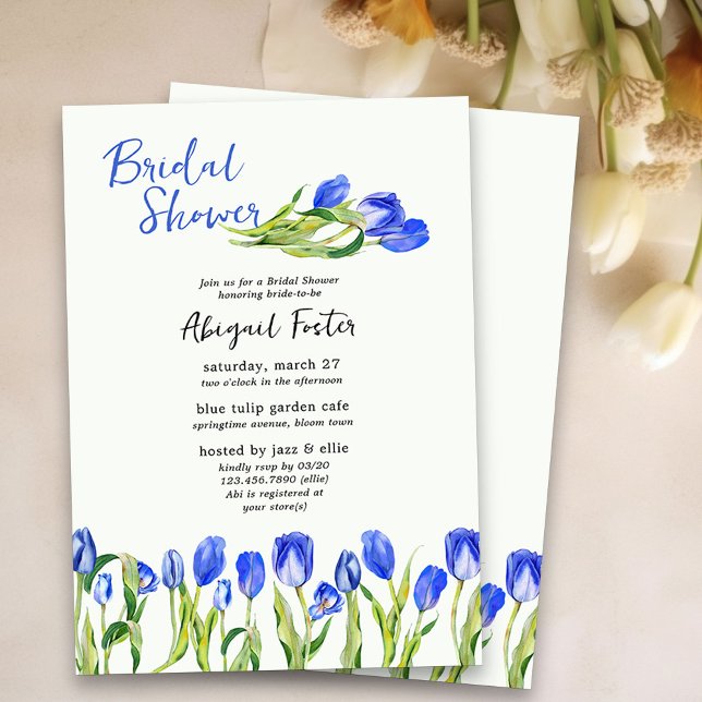 Spring Tulip Flowers Blue Floral Bridal Shower Invitation (Tulip Bridal Shower Invitation - perfect for spring or easter bridal shower)