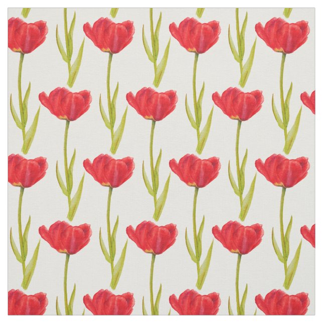Spring tulip red and green watercolor fabric (Swatch)