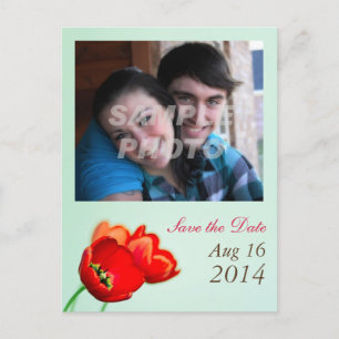 Spring tulip red floral mint garden save the date announcement postcard