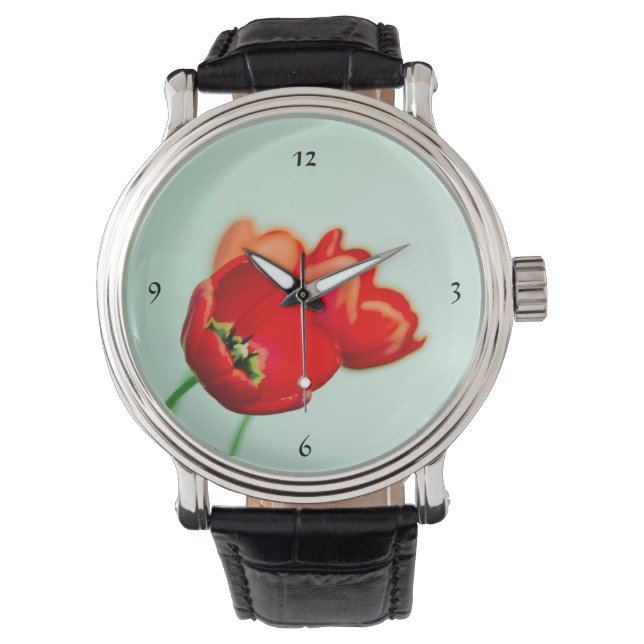 Spring tulip red floral mint green elegant watch (Front)