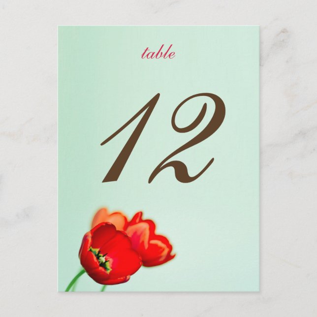 Spring tulip red floral mint table number card (Front)