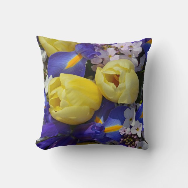 Spring tulips and irises throw pillow (Front)