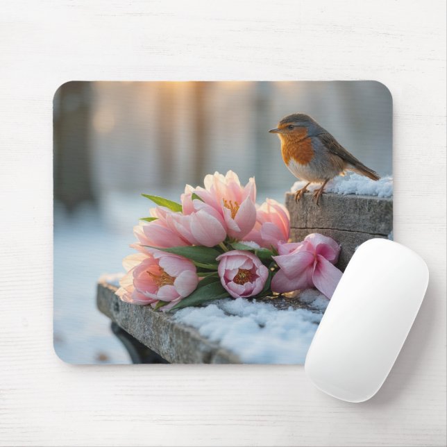 Spring Tulips and Robin On a Bench Mouse Mat (With Mouse)