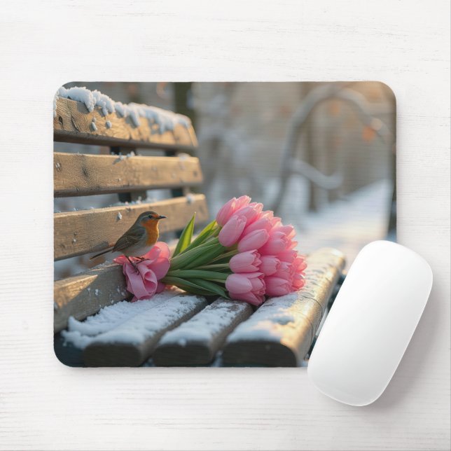 Spring Tulips and Robin On a Snowy Park Bench Mouse Mat (With Mouse)
