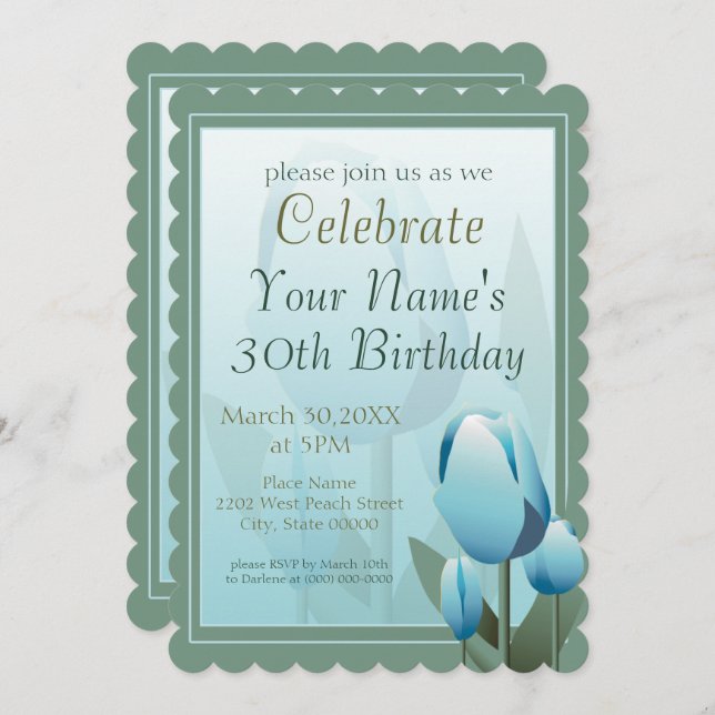 Spring Tulips Birthday Party Turquoise Invitation (Front/Back)