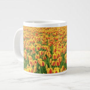 Spring tulips bloom in front of old barn. large coffee mug