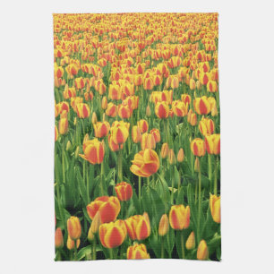 Spring tulips bloom in front of old barn. tea towel