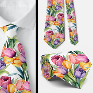 Spring Tulips Colourful Rainbow Watercolor Floral Tie