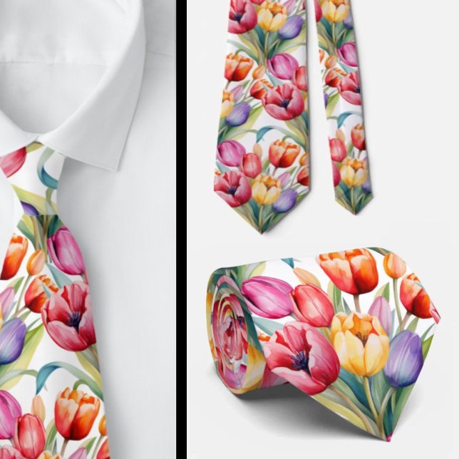 Spring Tulips Colourful Rainbow Watercolor Floral Tie (Creator Uploaded)