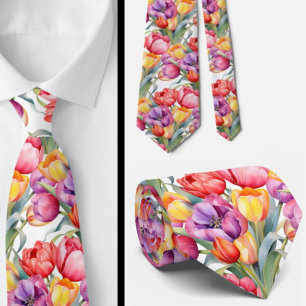 Spring Tulips Colourful Rainbow Watercolor Floral Tie