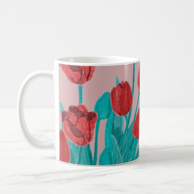 Spring tulips, hand-drawn floral pattern coffee mug (Left)