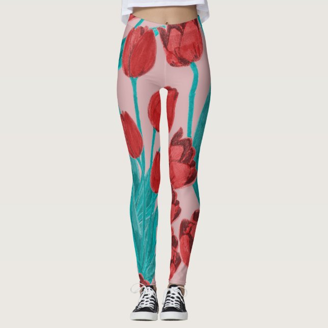 Spring tulips, hand-drawn floral pattern leggings (Front)