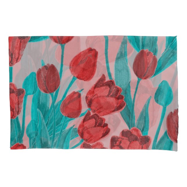 Spring tulips, hand-drawn floral pattern pillowcase (Front)