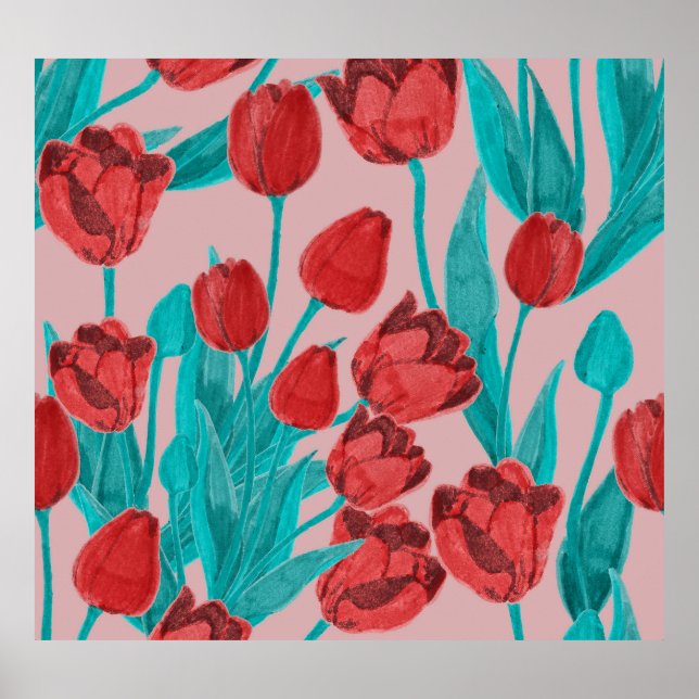 Spring tulips, hand-drawn floral pattern poster (Front)