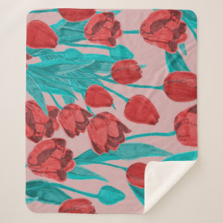 Spring tulips, hand-drawn floral pattern sherpa blanket