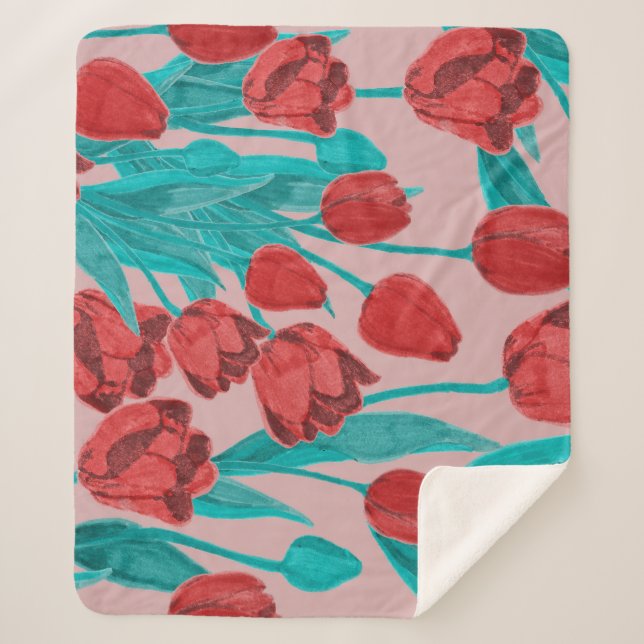 Spring tulips, hand-drawn floral pattern sherpa blanket (Front)
