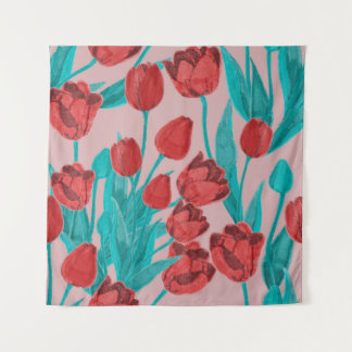 Spring tulips, hand-drawn floral pattern tapestry
