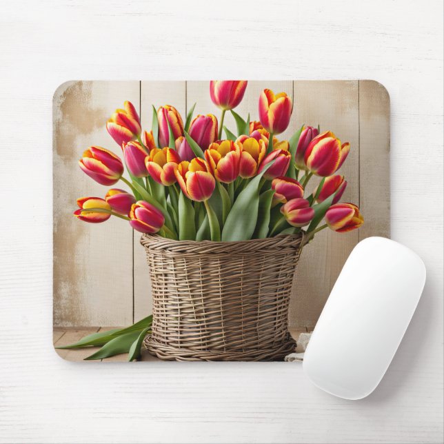 Spring Tulips in Wicker Basket Mouse Mat (With Mouse)